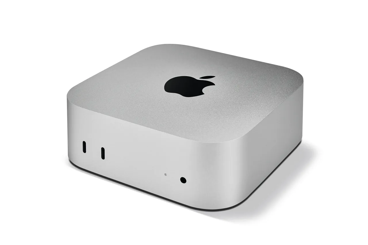 Detail of an Apple Mac mini M4 compact desktop computer.