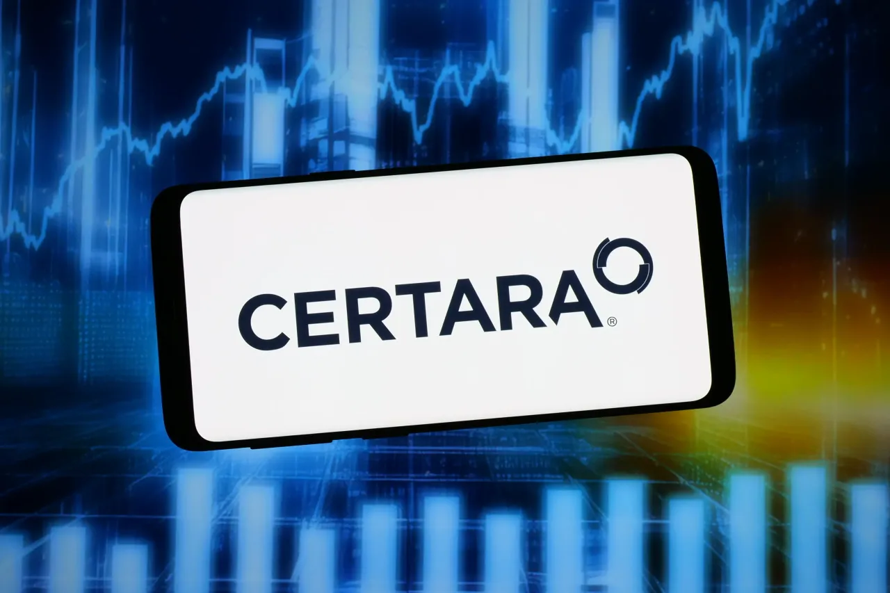 In this photo illustration, the logo of US drug development company Certara Inc. is displayed on a smartphone in front of abstract background on computer screen. (Photo Illustration by Timon Schneider/SOPA Images/LightRocket via Getty Images)