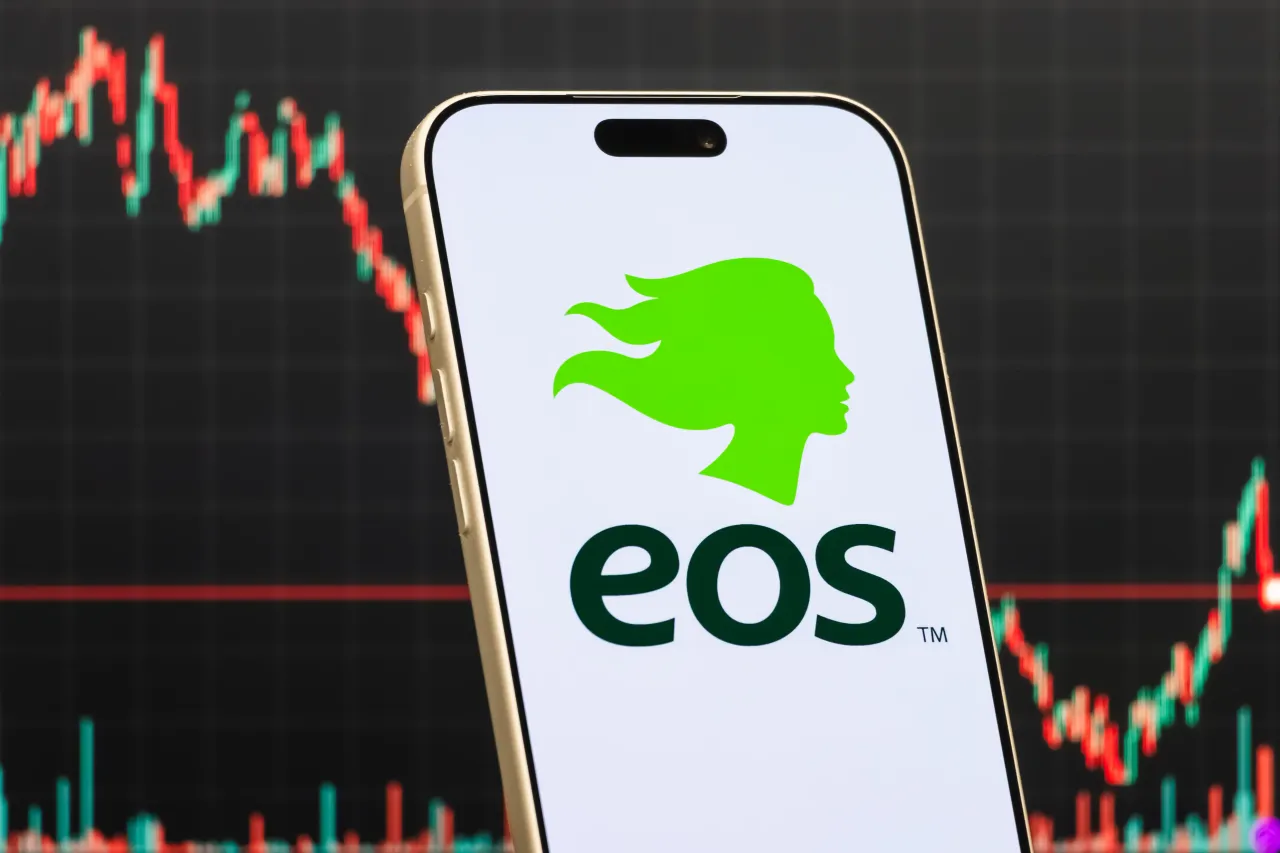In this photo illustration, a smartphone displays the logo of Eos Energy Enterprises, Inc on February 15, 2026 in Qianjiang, Hubei Province, China.