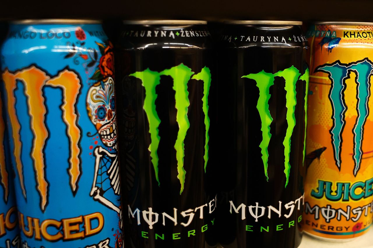 Monster energy drink cans are seen in a store in Krakow, Poland.