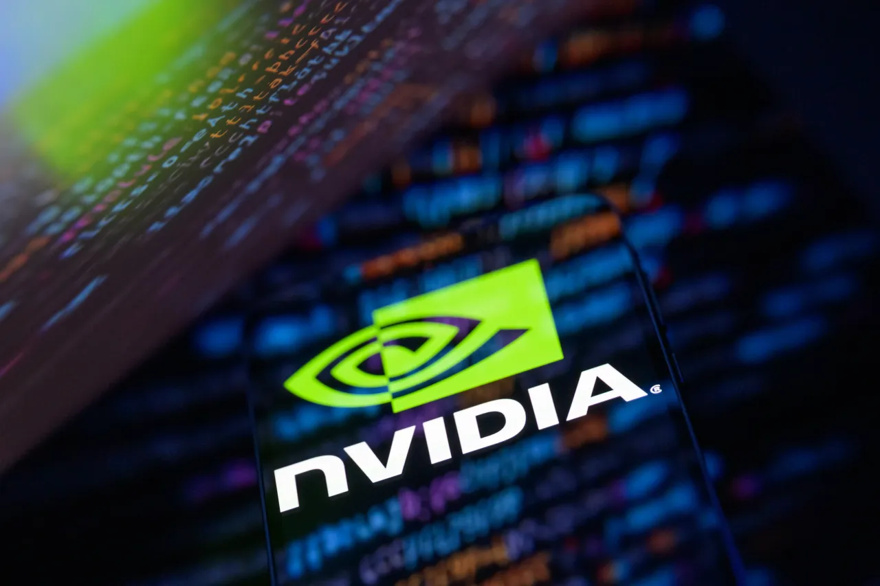 The NVIDIA logo is displayed on a mobile phone screen. (Photo by Jonathan Raa/NurPhoto via Getty Images)