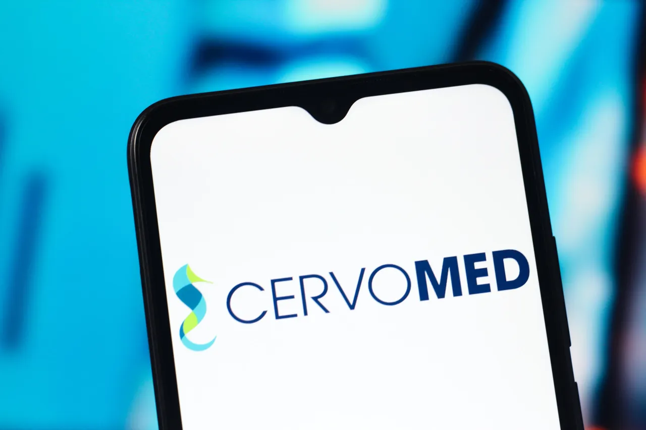 In this photo illustration, the CervoMed (Cervo Med) logo is seen displayed on a smartphone screen. (Photo Illustration by Thomas Fuller/SOPA Images/LightRocket via Getty Images)