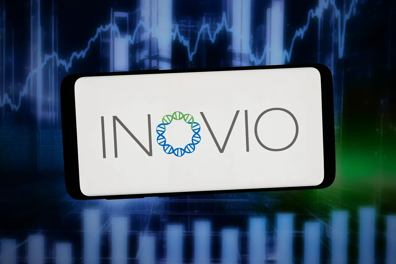 In this photo illustration, the logo of biotech company Inovio Pharmaceuticals Inc. is displayed on a smartphone in front of abstract background on computer screen. (Photo Illustration by Timon Schneider/SOPA Images/LightRocket via Getty Images)