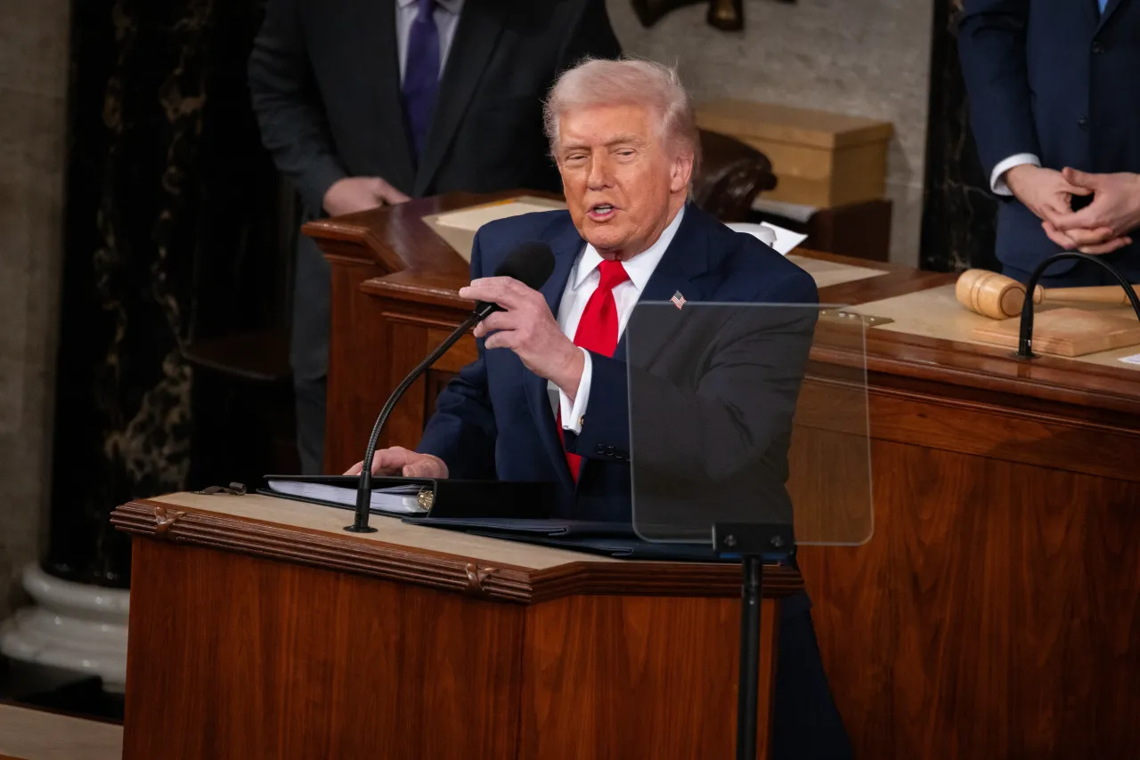President Donald Trump delivers his State of the Union address to a joint session of Congress in the chambers of the U.S. House of Representatives in Washington, DC on February 24, 2026. (Photo by Nathan Posner/Anadolu via Getty Images)