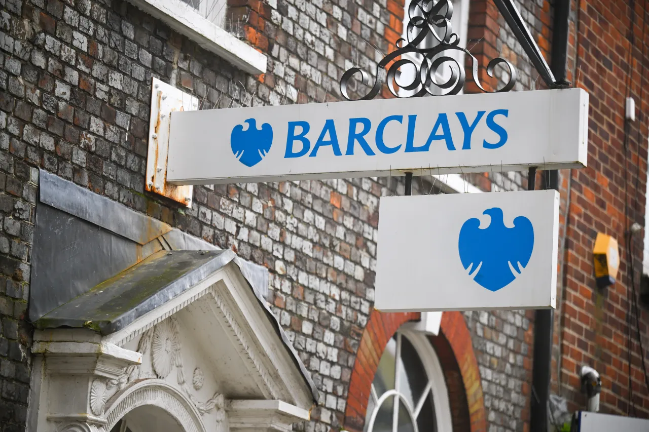 A general exterior view of a Barclays Bank signage logo, on February 25, 2026 in Dorchester, United Kingdom. (Photo by Finnbarr Webster/Getty Images)