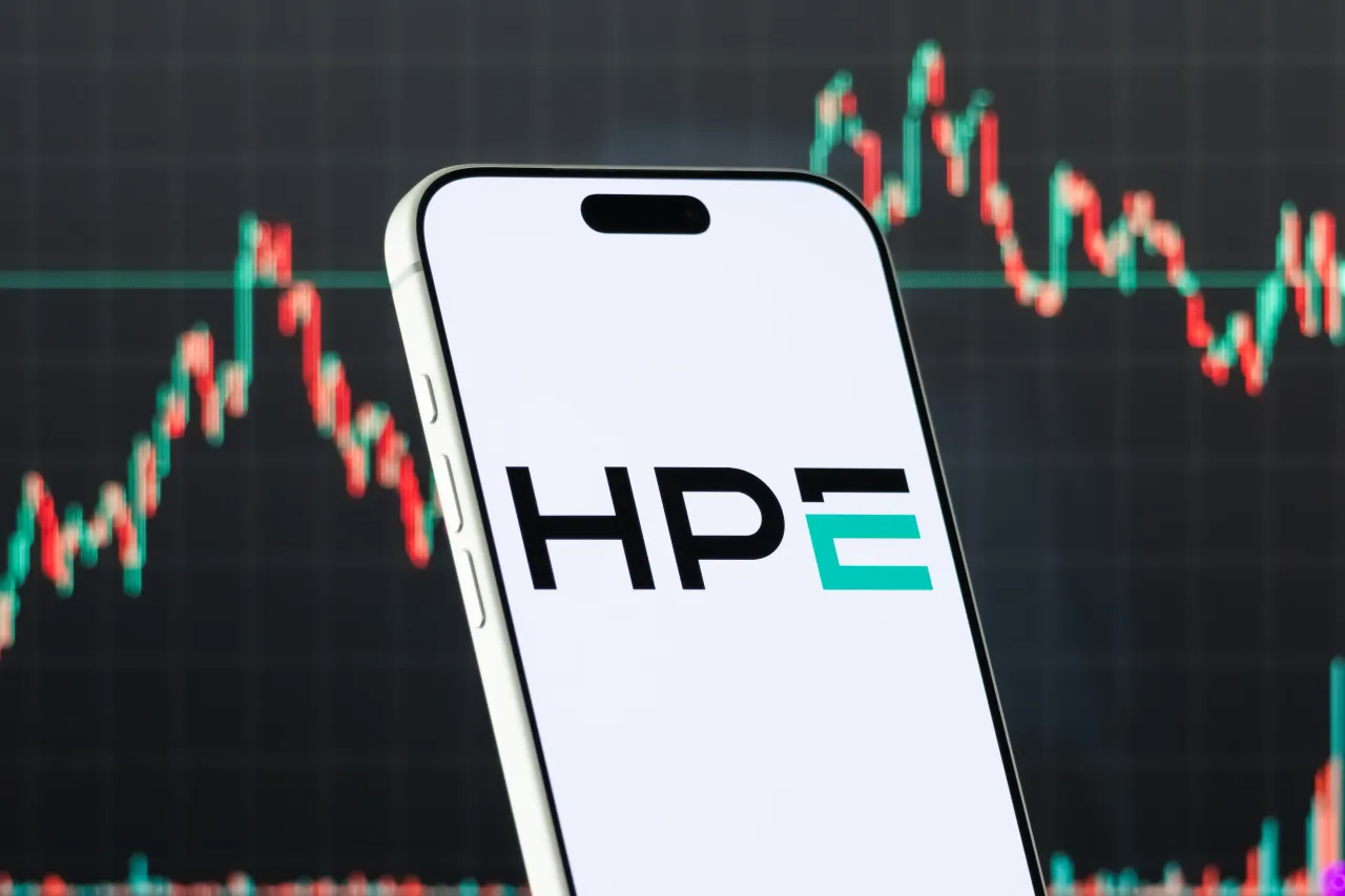 A smartphone displays the logo of Hewlett Packard Enterprise Company. (Photo illustration by Cheng Xin/Getty Images)