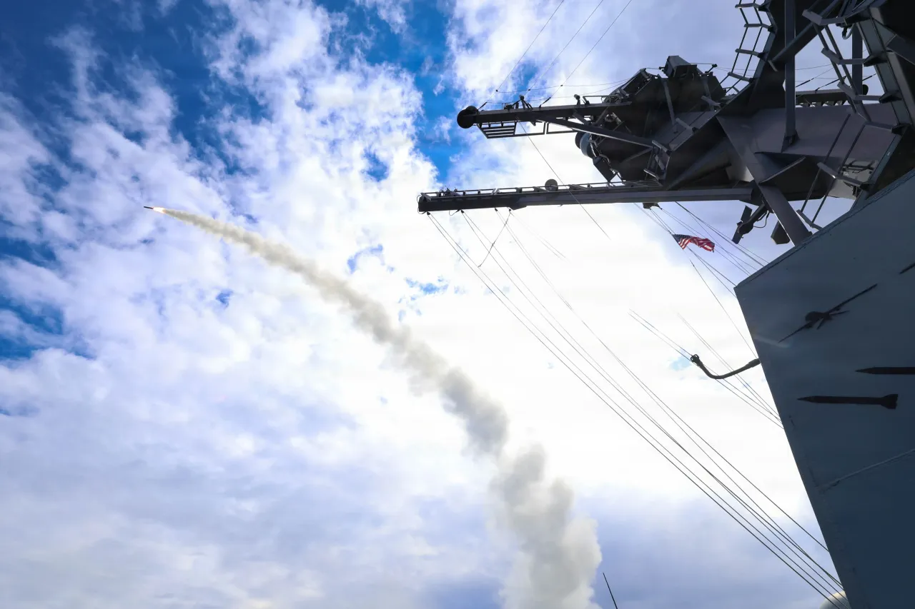 In this U.S. Navy released handout, Arleigh Burke-class guided-missile destroyer USS Thomas Hudner (DDG 116) fires a Tomahawk land attack missile in support of Operation Epic Fury, on March 1, 2026 at Sea.
