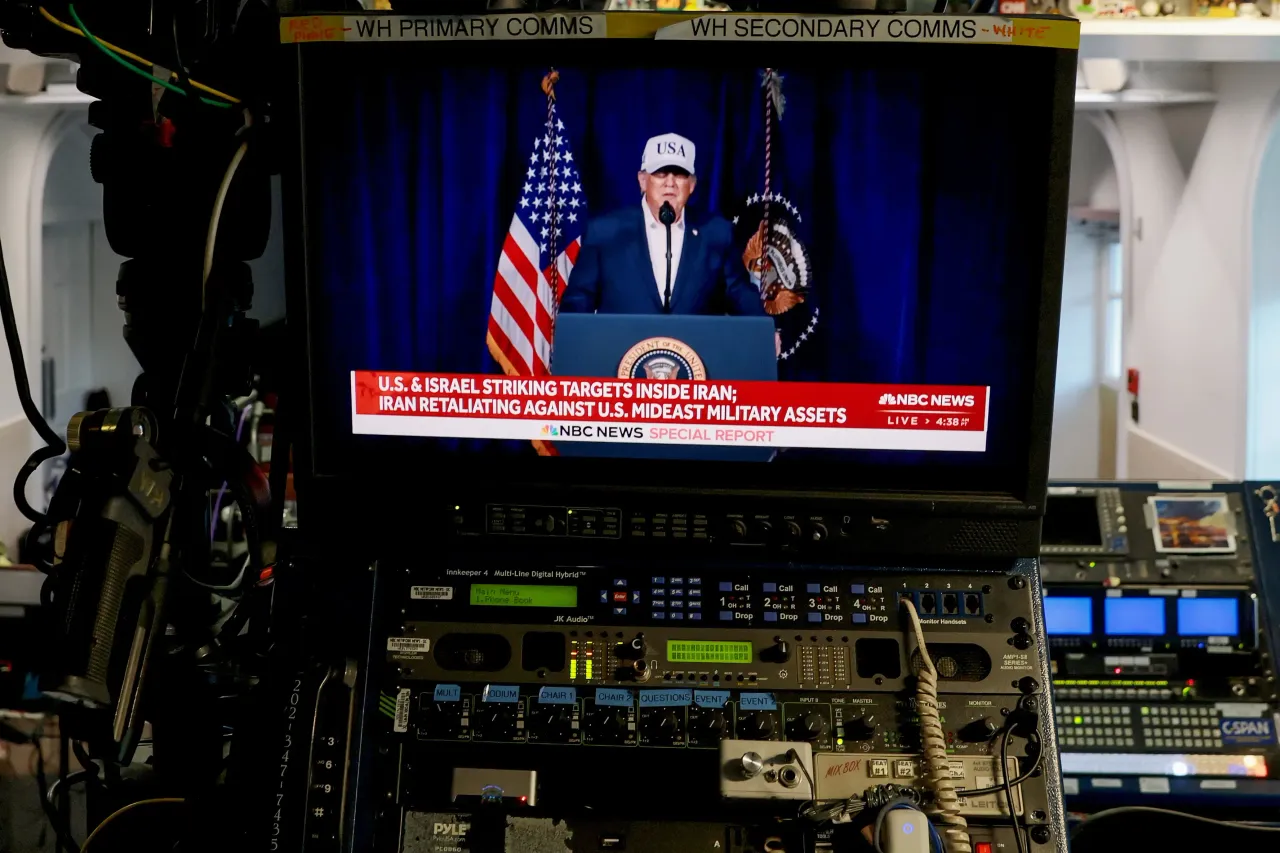 An NBC News live feed airs a clip from U.S. President Donald Trump's Truth Social video announcement in the White House. (Photo by Anna Moneymaker/Getty Images)