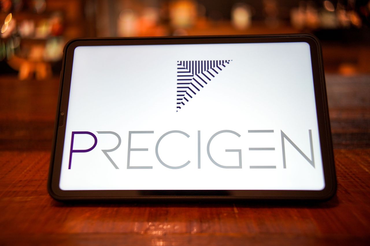 In this photo illustration, the Precigen's logo is displayed on the screen of a smart tablet. (Photo Illustration by Sheldon Cooper/SOPA Images/LightRocket via Getty Images)
