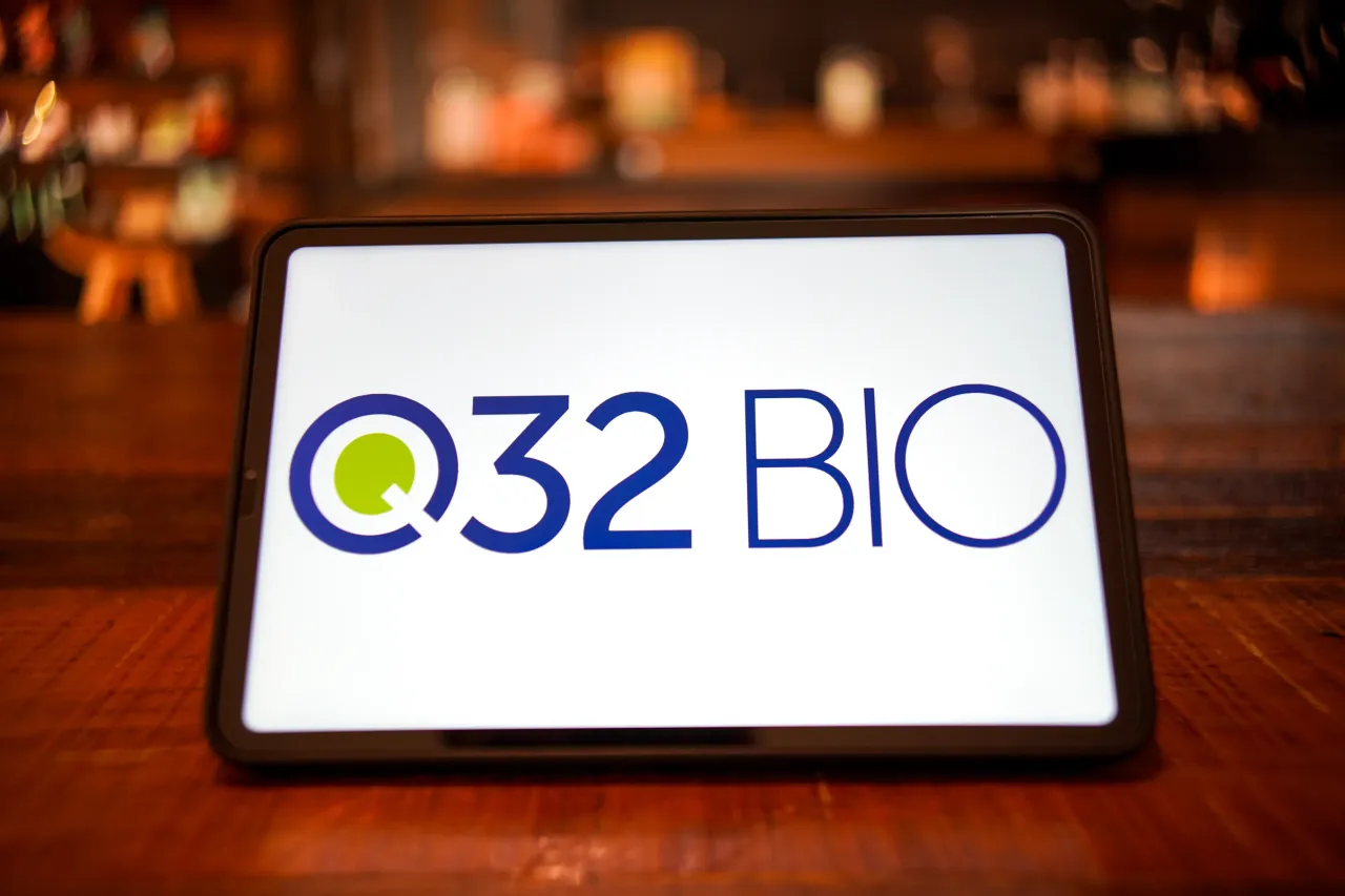 In this photo illustration, the logo of Q32 Bio is displayed on the screen of the smart tablet. (Photo Illustration by Sheldon Cooper/SOPA Images/LightRocket via Getty Images)