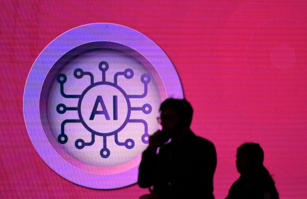 Signage of artificial intelligence is seen during the World Audio Visual Entertainment Summit in Mumbai, India, on May 2, 2025. (Photo by Indranil Aditya/NurPhoto via Getty Images)