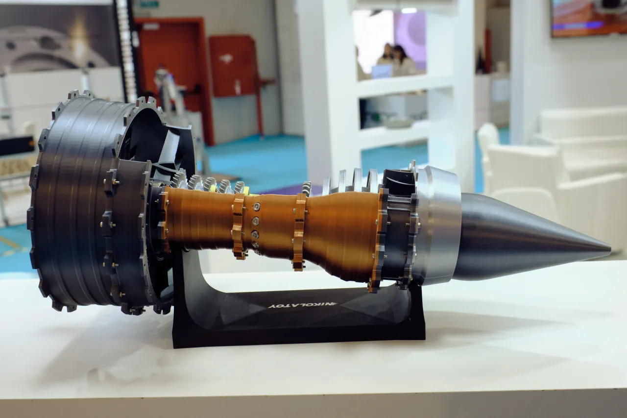 Aerospace turbine and propulsion system component exhibited during SAHA 2026 at Istanbul Expo Center.