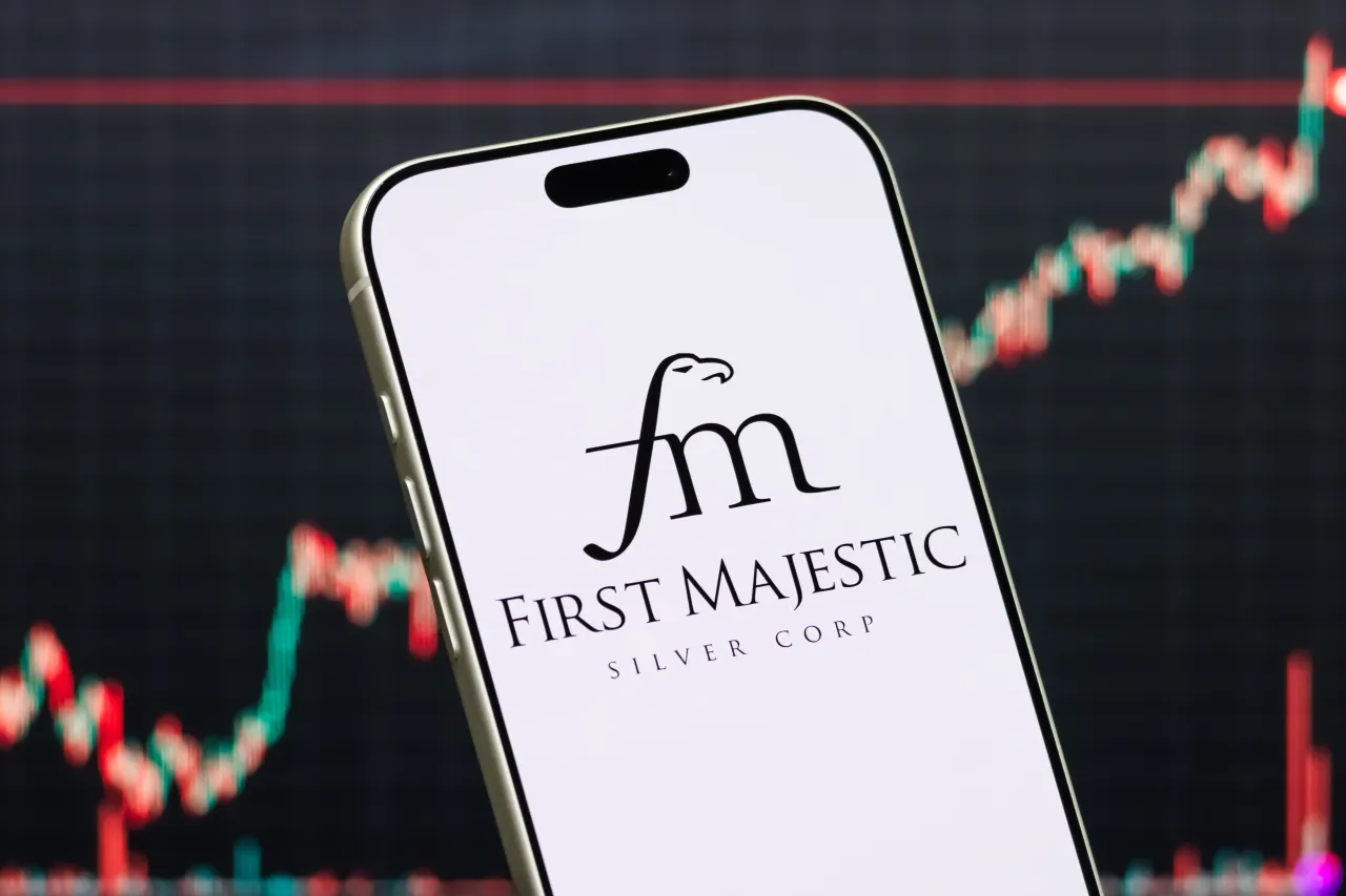 In this photo illustration, a smartphone displays the logo of First Majestic Silver Corp. (NYSE: AG), a Canada-based mining company focused on silver and gold production and exploration. (Photo illustration by Cheng Xin/Getty Images)