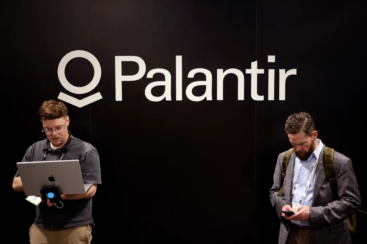 Palantir Technologies signage is displayed at the company's booth at the Tampa Convention Center on May 19, 2026. (Photo by Luke Sharrett/Getty Images)