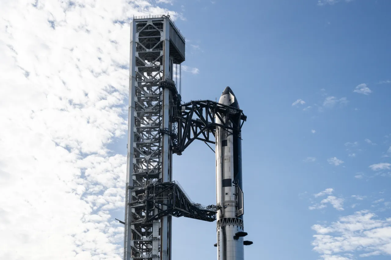 The SpaceX Starship V3 is seen docked at a launch pad at Starbase on May 22, 2026 in Boca Chica Beach, Texas. (Photo by Brandon Bell/Getty Images)