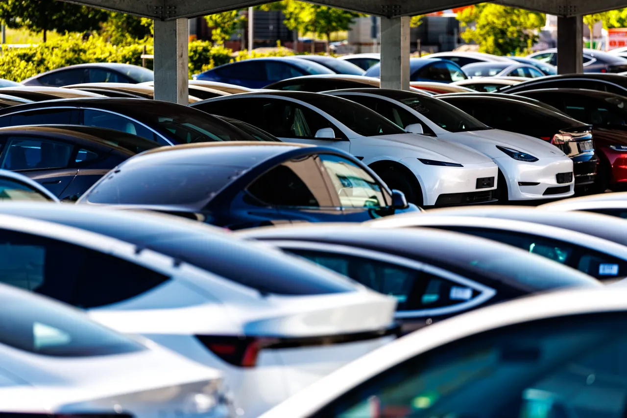Some Tesla brand cars are parked at a site of the car manufacturer in Parsdorf near Munich (Bavaria, Germany) on May 28, 2026. (Photo by Matthias Balk/picture alliance via Getty Images)