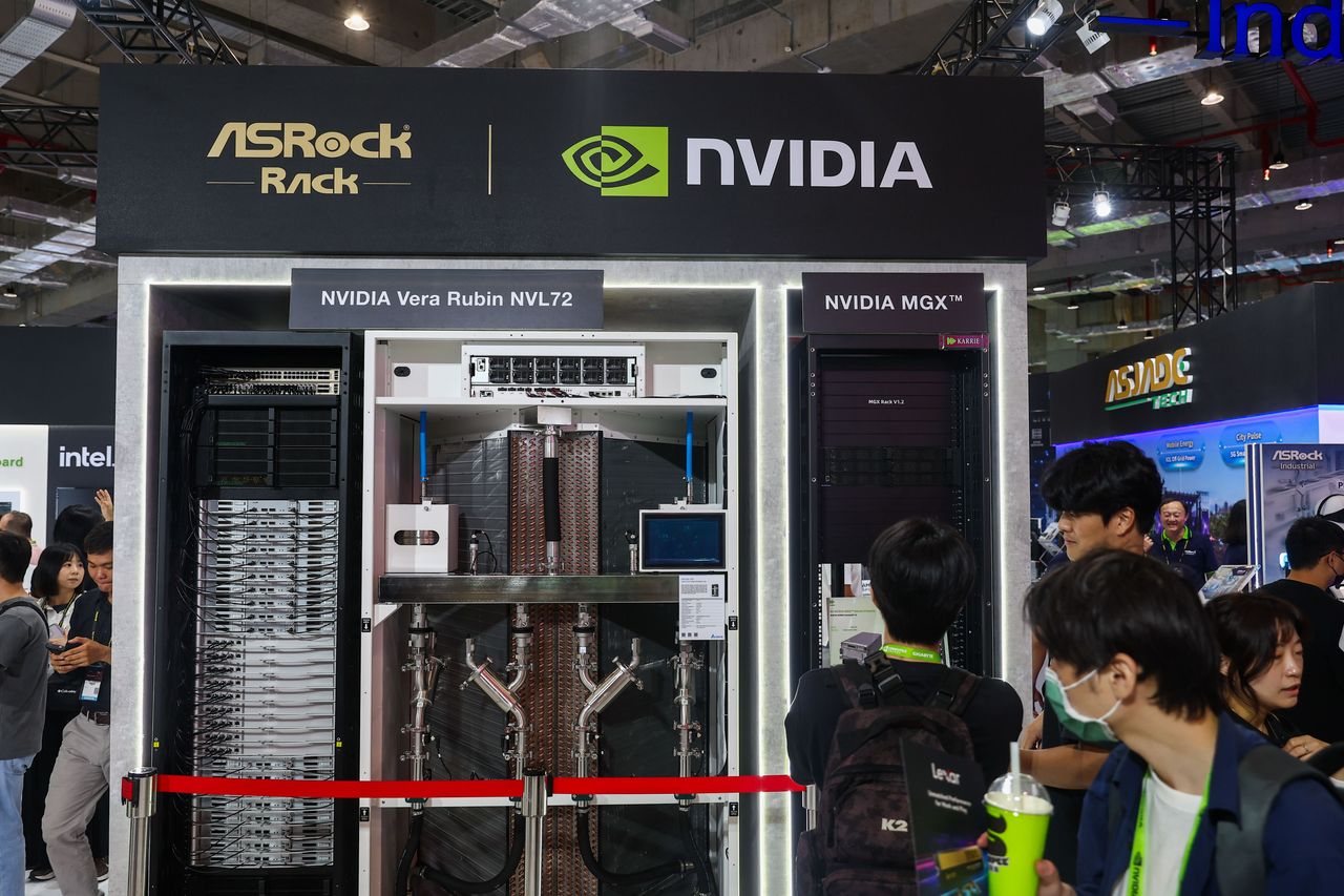 Nvidia showcases its Vera Rubin NVL72 rack-scale supercomputer at Computex trade show, in Taipei, Taiwan, on June 2, 2026. (Photo by Daniel Ceng/Anadolu via Getty Images)