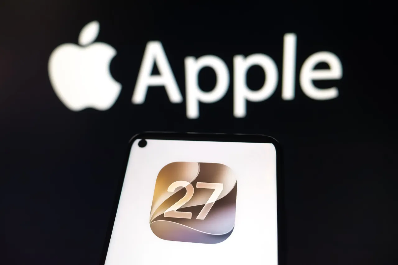 The Apple iOS 27 logo appears on a smartphone screen, and the Apple logo displays as the background on a laptop computer screen.