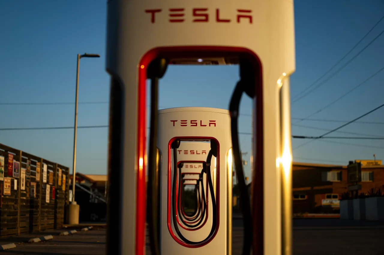 Tesla Inc. charging stations behind the Conoco Tower Station and U-Drop Inn Cafe along the historic Route 66 on June 7, 2026 in Shamrock, Texas. (Photo by Al Drago/Getty Images)