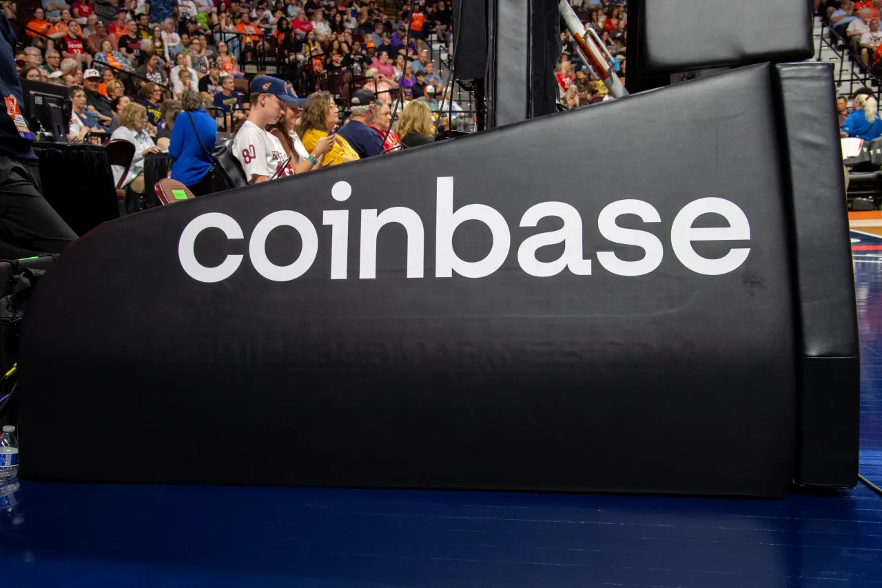 A general view of the Coinbase logo on the stanchion before the WNBA game between the Indiana Fever and the Connecticut Sun on June 13, 2026 at Mohegan Sun Arena in Uncasville, CT. (Photo by Erica Denhoff/Icon Sportswire via Getty Images)