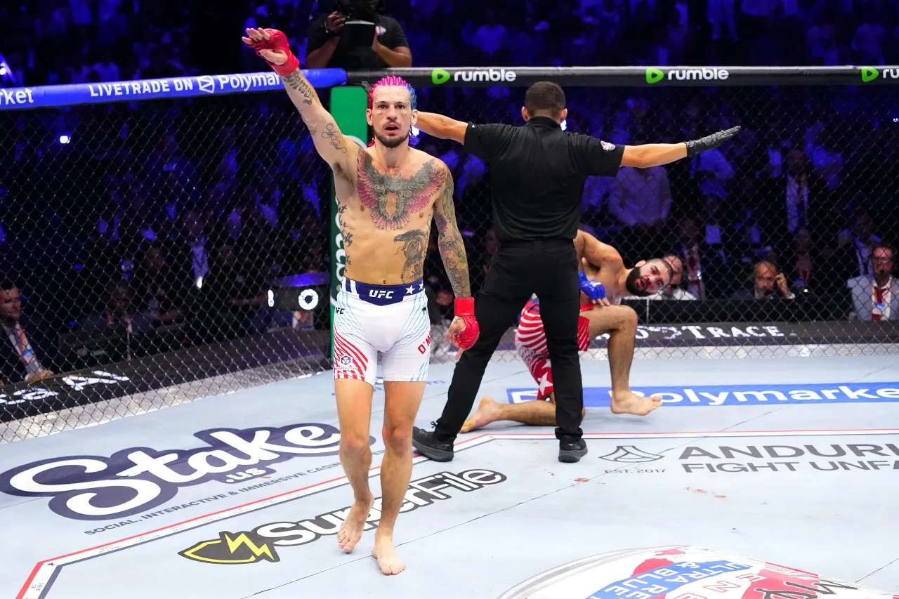 Sean O'Malley reacts to his win over Aiemann Zahabi of Canada in a bantamweight fight during the UFC Freedom 250 event.