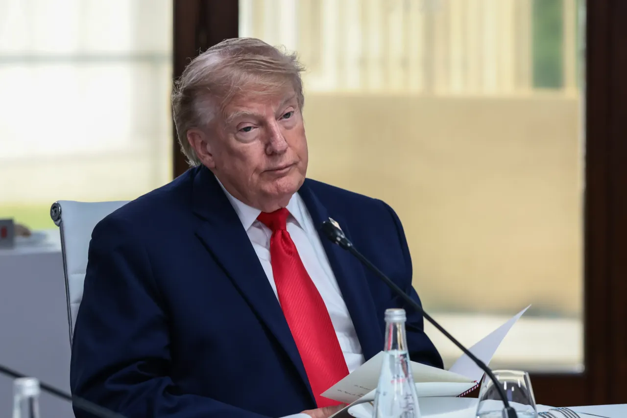 U.S. President Donald Trump attends a working lunch with leaders of G7 and the Middle East, on June 16, 2026 in Evian-les-Bains, France. (Photo by Evelyn Hockstein - Pool/Getty Images)