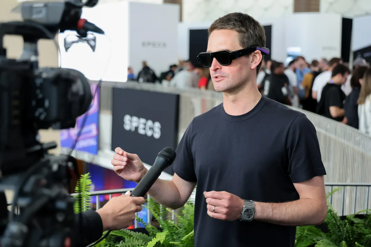 Evan Spiegel, Co-Founder and CEO, Snap Inc. is interviewed about SPECS at AWE 2026 on June 16, 2026 in Long Beach, California. (Photo by Joe Scarnici/Getty Images for Snap)