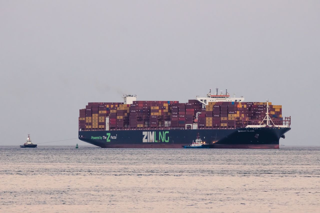 A ZIM LNG container ship approaches Yantian Port.