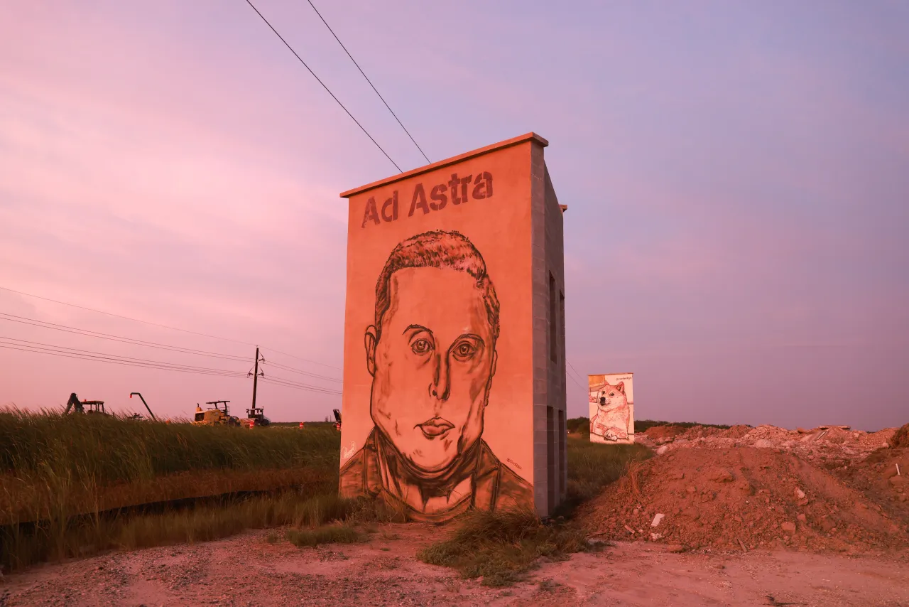 A mural of Elon Musk with the words ''Ad Astra'' can be seen on Boca Chica Blvd. next to SpaceX's South Texas facility in Cameron County, Texas, on July 22, 2026. (Photo by Reginald Mathalone/NurPhoto via Getty Images)