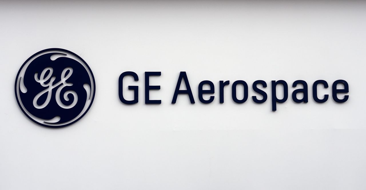 The GE Aerospace logo is displayed at Farnborough International Exhibition Centre.