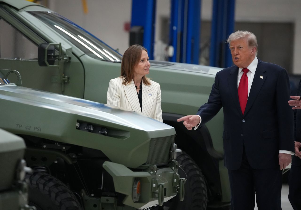 GM CEO Mary Barra gives a tour to U.S. President Donald Trump at General Motors’ Milford Proving Grounds on July 27, 2026 in Milford, Michigan. (Photo by Andrew Harnik/Getty Images)