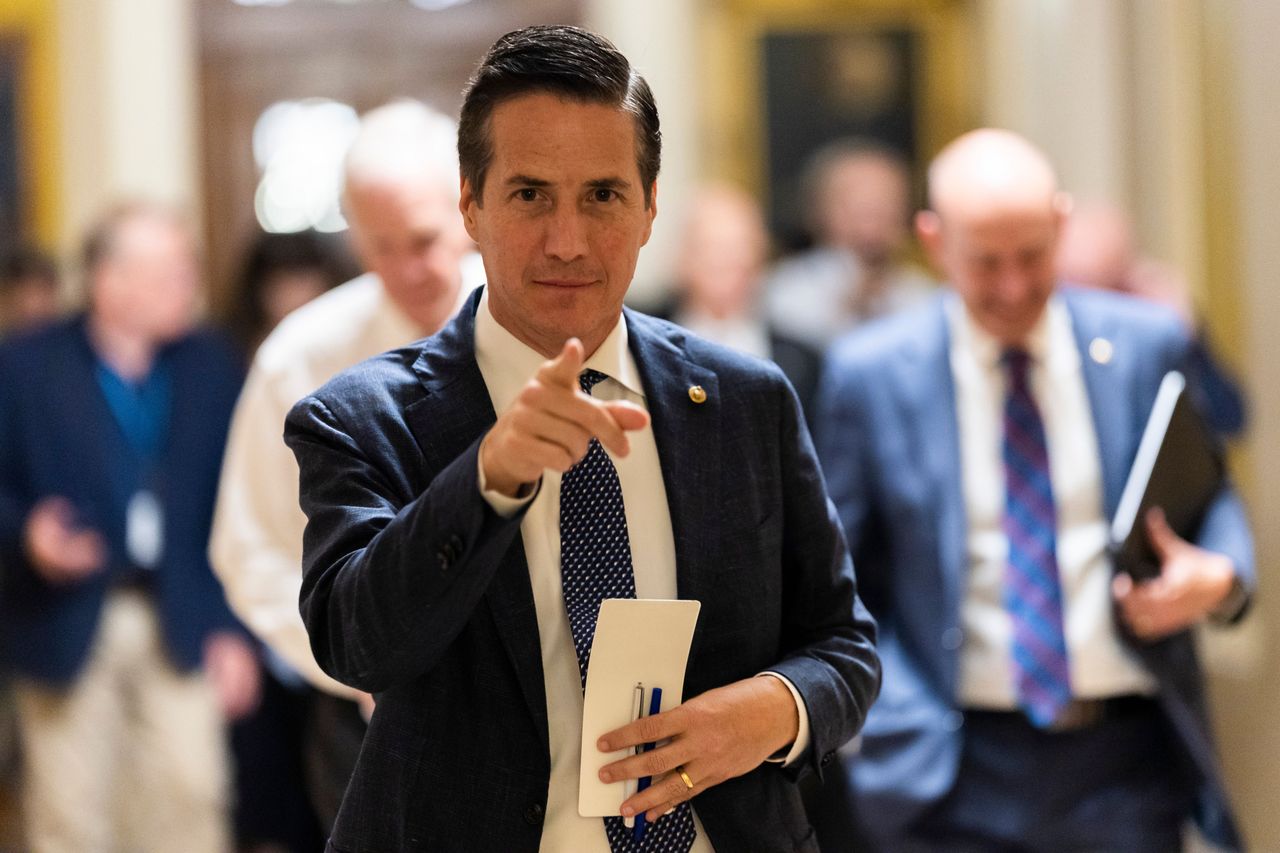 U.S. Sen. Bernie Moreno (R-OH) walks through the Ohio Clock Corridor in the U.S. Capitol Building on August 07, 2026 in Washington, DC. The Senate is expected to have another series of votes later today including a vote on U.S. President Donald Trump's nominee to be the next Attorney General, Acting Attorney General Todd Blanche. (Photo by Finn Gomez/Getty Images)