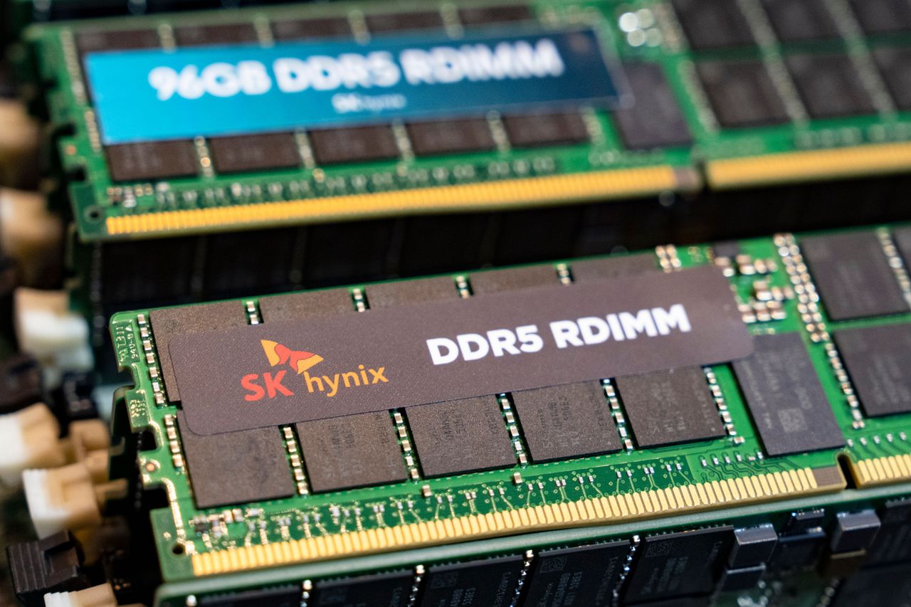 A detailed view of an SK Hynix 96GB DDR5 RDIMM server memory module at COEX in Seoul, South Korea, on August 25, 2026. (Photo by Chris Jung/NurPhoto via Getty Images)