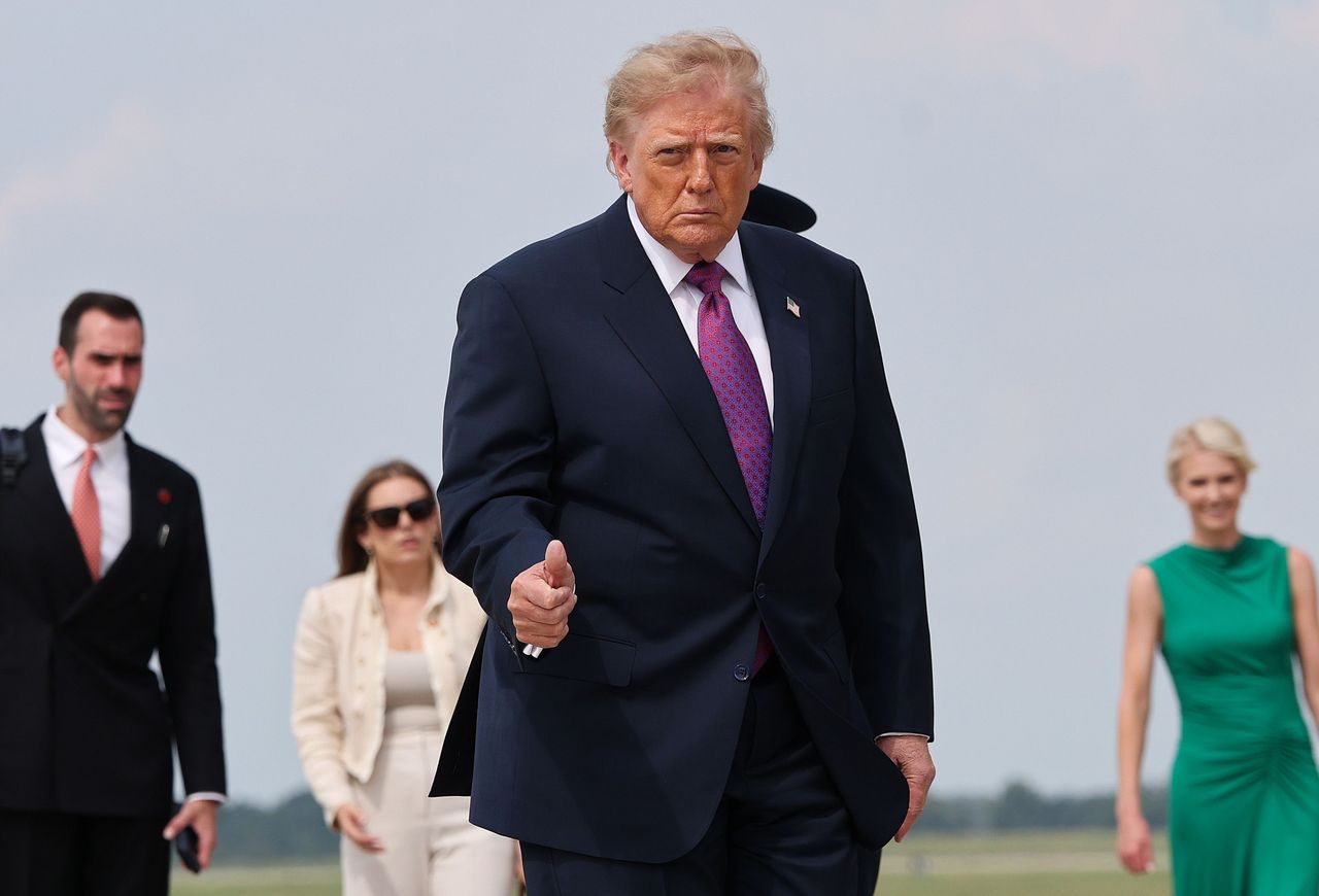 U.S. President Donald Trump gestures as he arrives to board Air Force One on August 27, 2026 at Joint Base Andrews, Maryland. (Photo by Win McNamee/Getty Images)