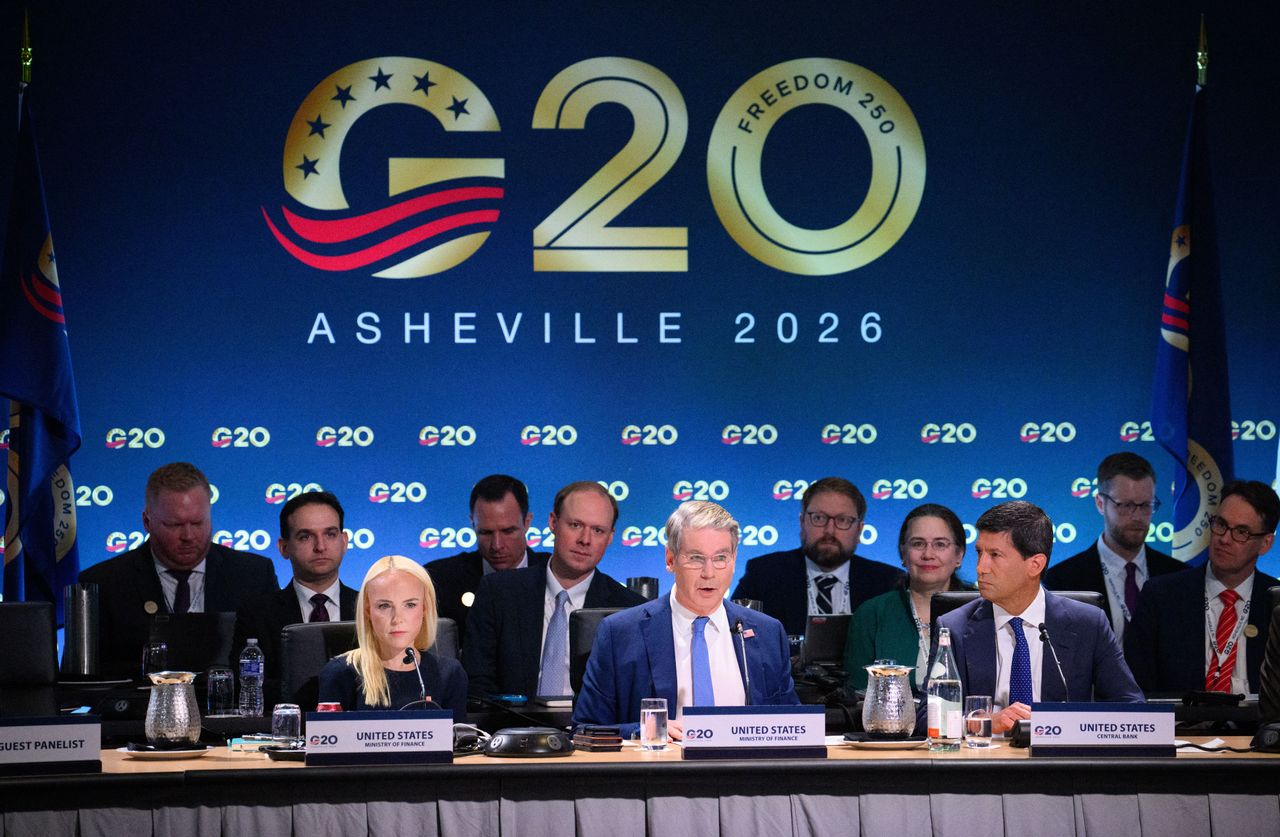 Scott Bessent (M), U.S. Secretary of the Treasury, opens the first working session at the meeting of finance ministers and central bank governors from the G20 countries. (Photo by Bernd von Jutrczenka/picture alliance via Getty Images)
