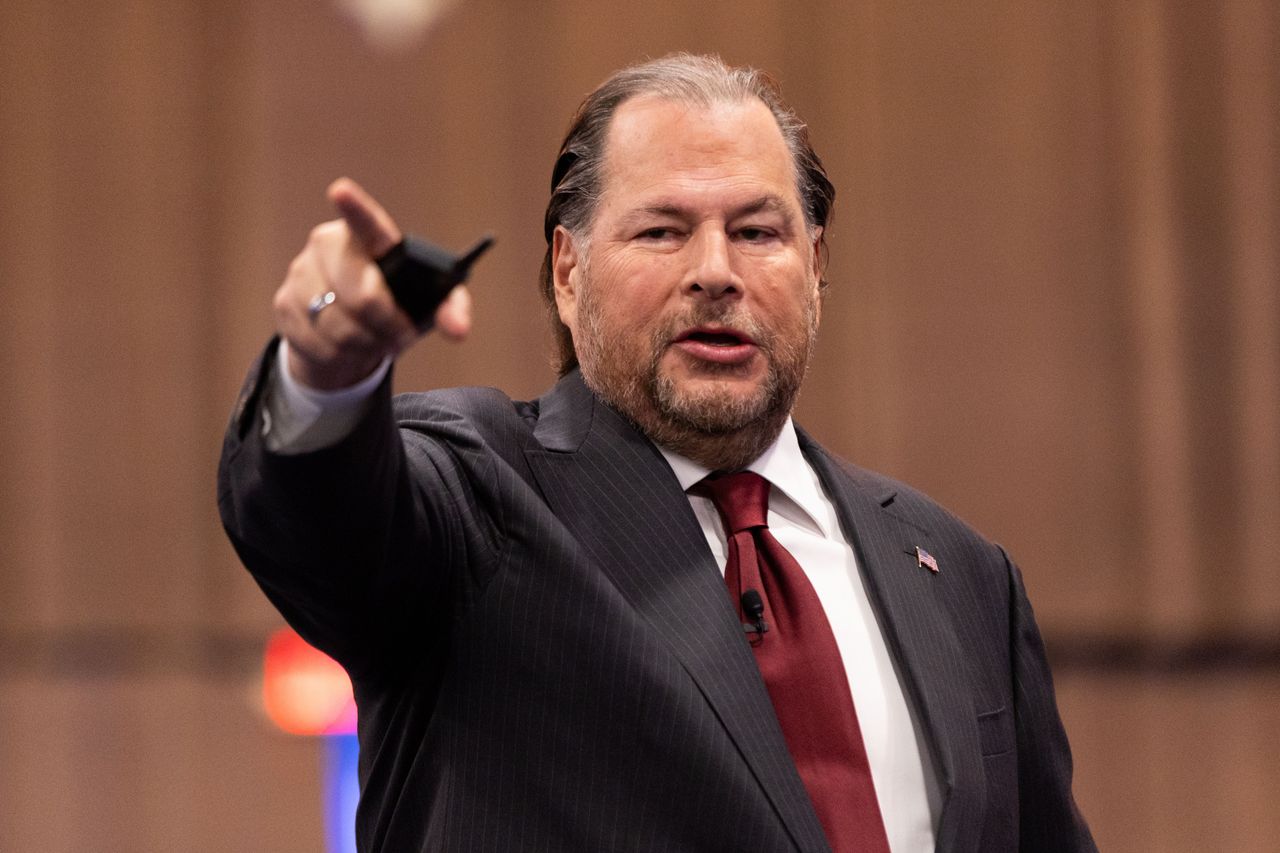 Salesforce CEO Marc Benioff speaks during the keynote address at Salesforce's Dreamforce conference on September 15, 2026 in San Francisco, California. (Photo by Benjamin Fanjoy/Getty Images)