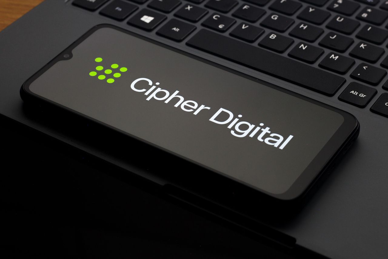 In this photo illustration, the Cipher Digital logo is seen displayed on a smartphone screen. (Photo Illustration by Thomas Fuller/SOPA Images/LightRocket via Getty Images)