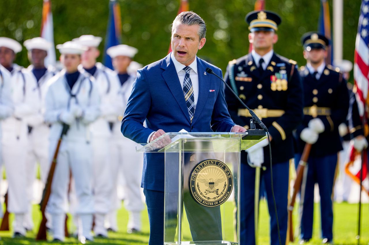 U.S. Secretary of War Pete Hegseth speaks during the Department of War's 2026 National POW/MIA Recognition Day Ceremony.