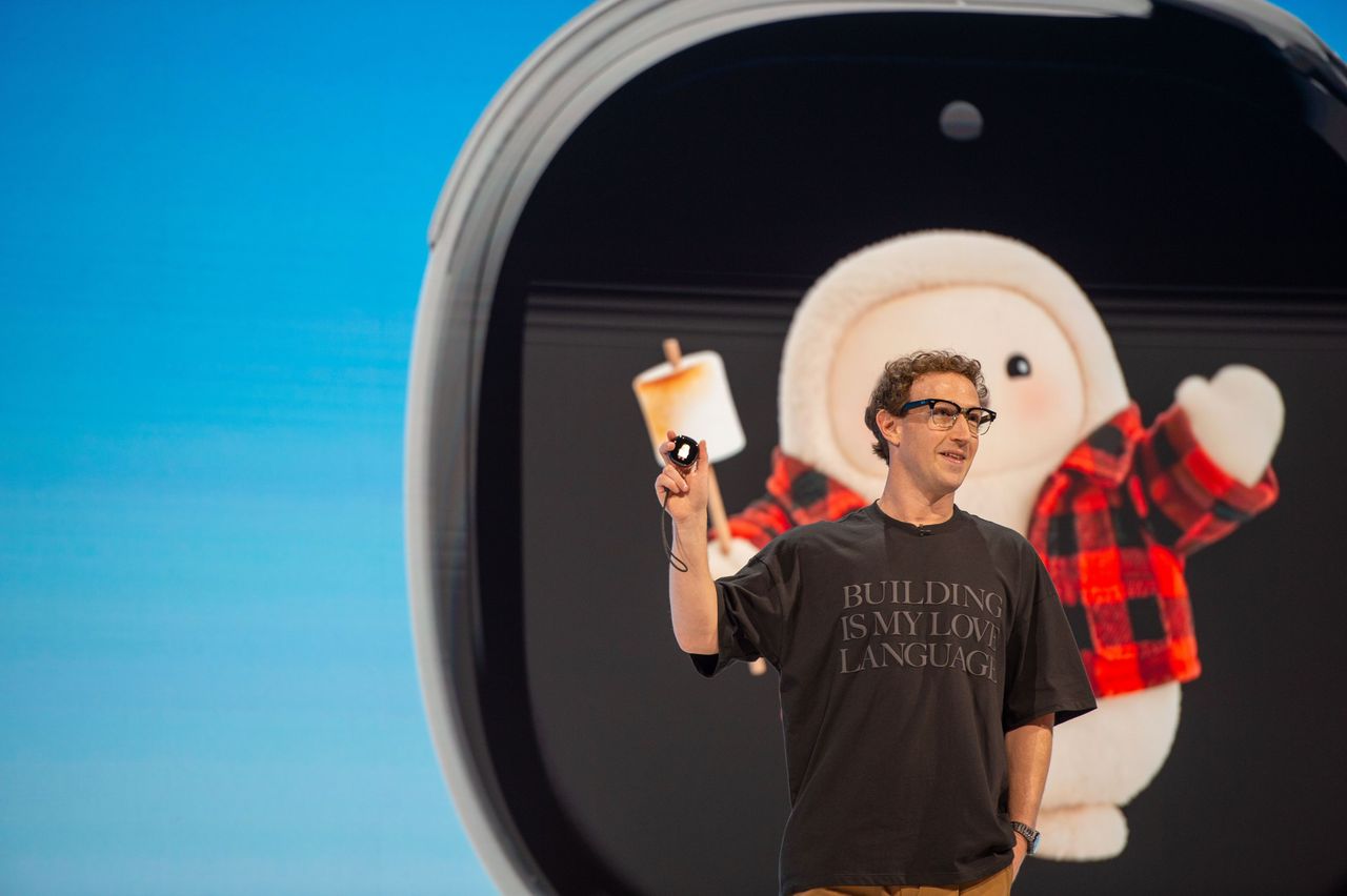 Meta CEO Mark Zuckerberg unveils a small device designed to provide access to the company's proprietary AI software, Muse, at the Meta Connect event on 23 September, 2026. (Photo by Andrej Sokolow/picture alliance via Getty Images)