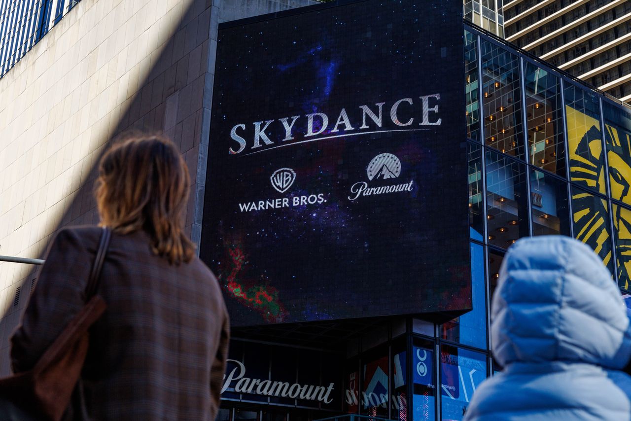 A Skydance billboard outside of Paramount Global headquarters in Times Square, on October 6, 2026 in New York.  (Photo by Adam Gray/Getty Images)