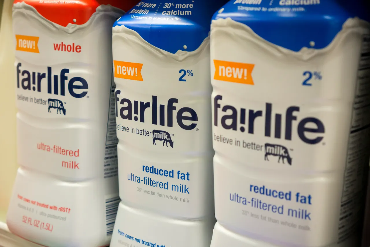Containers of Coca-Cola's Fairlife premium "supermilk" in a supermarket cooler in New York.