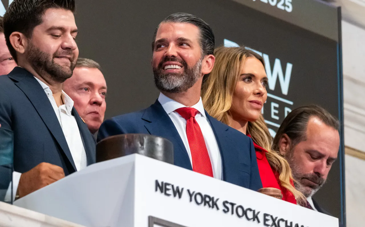 Donald Trump Jr. rings the opening bell on the New York Stock Exchange (NYSE) for the Texas-based firearm e-commerce platform GrabAGun where Trump is a member of the board on July 16, 2025 in New York City. 