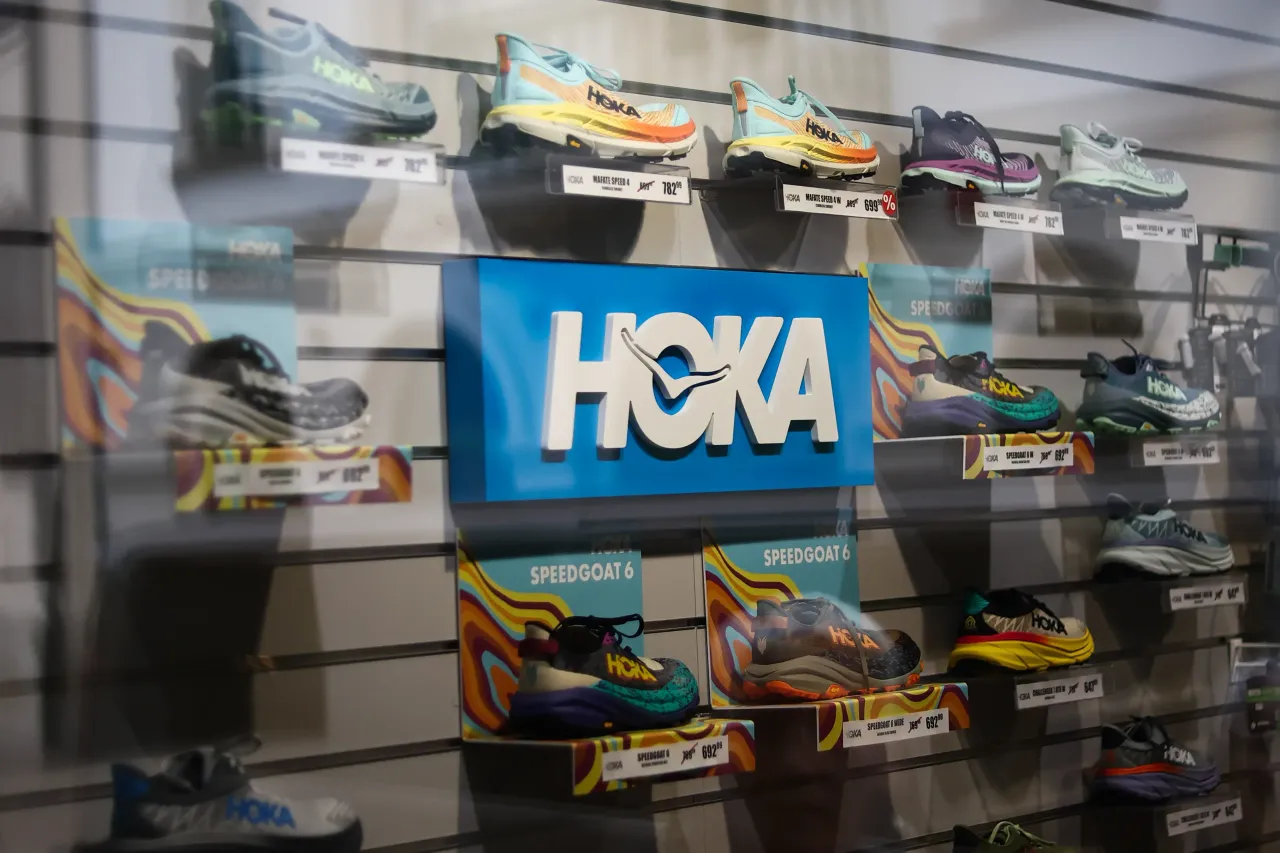 Hoka logo is seen in a store in Krakow, Poland on April 1, 2025.