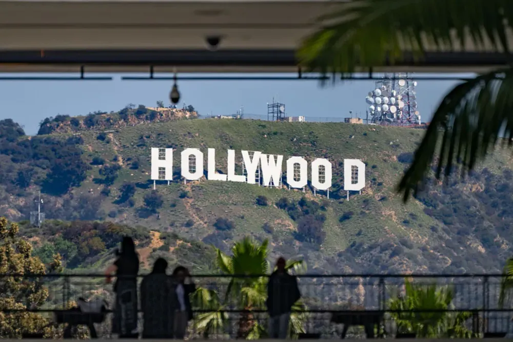 General view of the Hollywood Sign from Hollywood & Highland on April 04, 2025 in Hollywood, California.