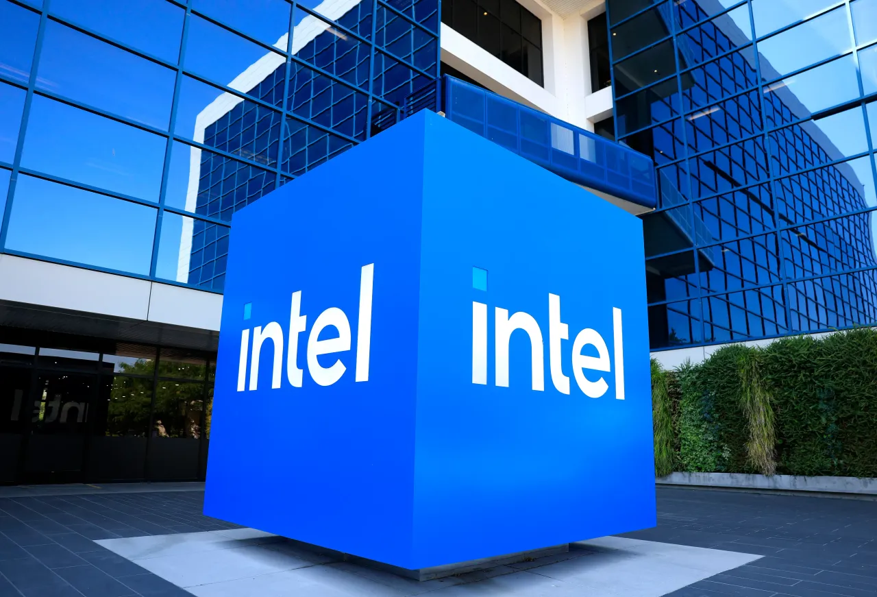 The Intel logo is displayed on a sign in front of Intel headquarters on July 16, 2025 in Santa Clara, California. 