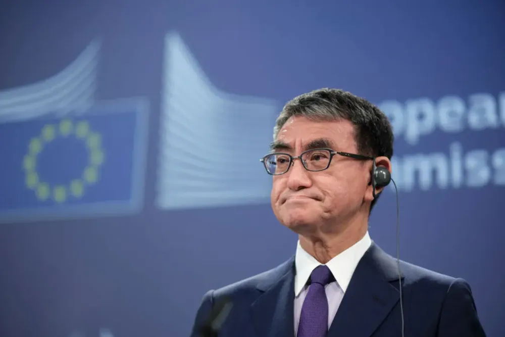 Japanese Minister for Digital Transformation, from the Liberal Democratic Party Taro Kono is talking to media in the Berlaymont, the EU Commission headquarter on April 30, 2024.