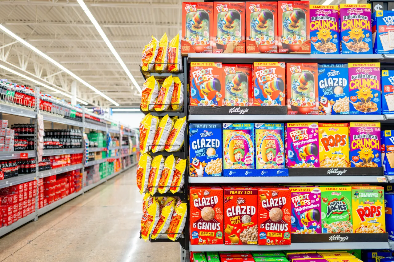 Boxes of various Kellogg's cereals are displayed on shelves at a Walmart Supercenter on May 06, 2025 in Austin, Texas.
