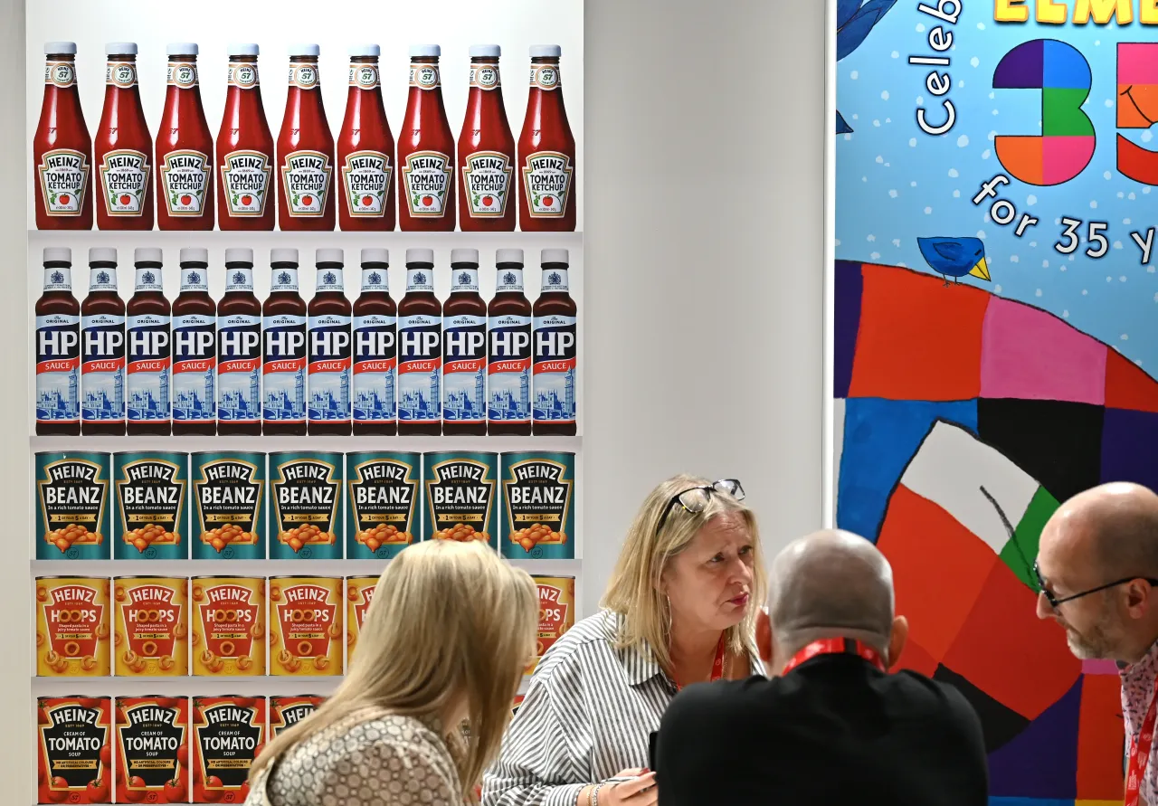 raft Heinz products including, Tomato Ketchup, HP Sauce, Beanz, Hoops and Tomato Soup are displayed during the Brand Licensing Europe at ExCel on October 04, 2023 in London, England.