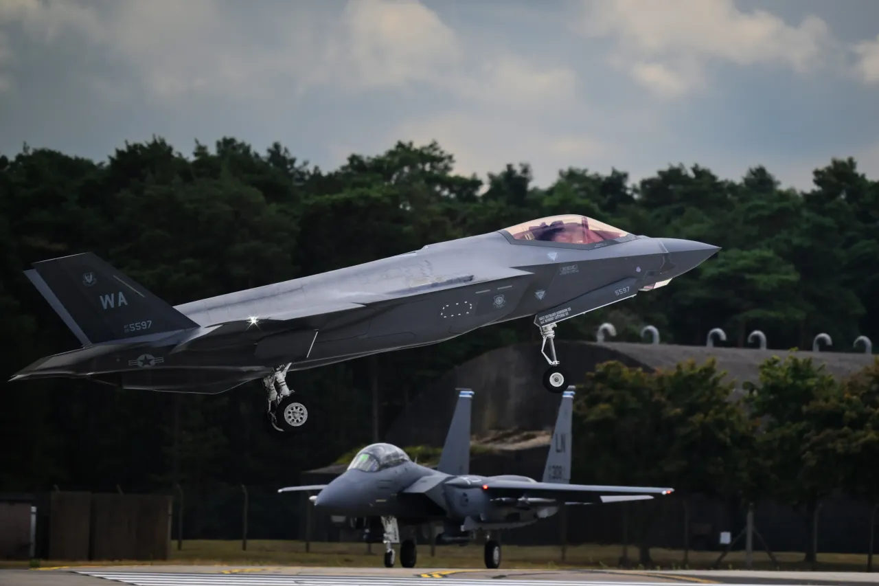 A USAF Lockheed Martin F-35A Lightning II multi-role fighter lands at RAF Lakenheath on July 22, 2025 in Lakenheath, United Kingdom.