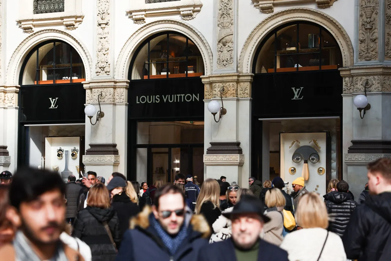 Louis Vuitton logo is seen on the store at the Galleria Vittorio Emanuele II in Milan in Milan, Italy on March 2, 2025.